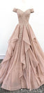 Off Shoulder Dusty Champagne Lace Cheap Long Evening Prom Dresses, Evening Party Prom Dresses