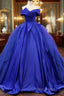 Off Shoulder Tulle Satin Blue Long Formal Prom Gown, Blue Long Formal Dresses