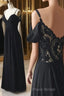 Off Shoulder V Neck Black Lace Long Formal Prom Dress, Off Shoulder Black Formal Dress, Black Lace Evening Dress