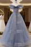Off The Shoulder Blue Tulle A Line Long Formal Prom Dresses