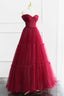 Off the Shoulder Burgundy Tulle Long Prom Dresses, Wine Red Long Tulle Formal Evening Dresses