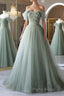 Off the Shoulder Green Tulle Long Formal Prom Dresses, Green Tulle Off Shoulder Formal Evening Dresses