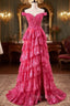 Off The Shoulder Hot Pink Sequin Tiered Formal Prom Dresses With Slit