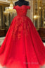Off The Shoulder Lace Red Formal Prom Dresses A Line Sequin Formal Gowns