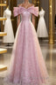 Off The Shoulder Pink Sequin Sparkle Formal Prom Dresses