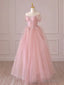 Off the Shoulder Pink Tulle Long Prom Dresses, Pink Tulle Long Formal Evening Dresses