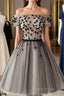 Off The Shoulder Short Black Floral Formal Prom Dresses, Short Black Floral Graduation Homecoming Dresses