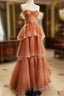 Off The Shoulder Tulle Tiered Long Formal Prom Dresses, A Line Formal Gown