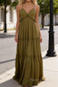 Olive Green A-line V Neck Sleeveless Floor-Length Chiffon Prom Dress Long Prom Dresses Backless with Pleated Ruffles