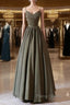 Olive Green Spaghetti Strap Satin Long Formal Prom Dresses, A-Line V Neck Party Dresses