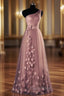 One-Shoulder Long/Floor-Length A-Line/Princess Tulle Formal Prom Dresses With Flowers Waistband