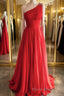 One Shoulder Open Back Red Long Formal Prom Dress, Backless Red Formal Dress, Red Evening Dress