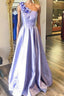 One Shoulder Purple Satin Long Formal Prom Dresses with Flowers, Purple Formal Evening Dresses