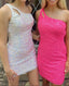 One Shoulder Sequins Bodycon Mini Dresses With Keyhole