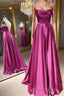 Open Back Fuchsia Satin Ruched Long Formal Prom Dress, Long Fuchsia Formal Graduation Evening Dress