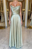 Open Back Sage Satin Long Formal Prom Dress with High Slit, Long Sage Formal Graduation Evening Dress