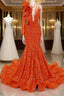 Orange Mermaid One Sleeve Formal Prom Dresses Sequined Lace Jewel Ruffles Evening Party Dress with Appliques