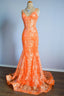 Orange Mermaid Spaghetti Straps Sequins Applique Long Formal Dresses