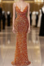 Orange Sequins Sheath Spaghetti Straps Long Formal Prom Dresses