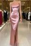 Peach Pink Diamond Spaghetti Strap Satin Bodycon Ball Dresses