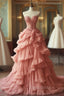 Peach Vintage A-Line Sweetheart Neck Long Ball Gown Sweet Beaded Applique Dresses