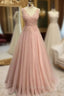 Pearl Pink Formal Prom Dresses, A-line V Neck Sleeveless Long/Floor-Length Tulle Glitter Formal Prom Dresses With Appliqued Beading