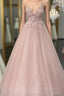 Pearl Pink Tulle Formal Prom Dresses V Neck Appliques