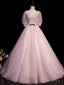Pink A Line Puffy Sleeves Tulle Long Prom Dress, Pink Sweet 16 Dress