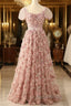 Pink A-Line Tulle Pleated Floral Long Formal Prom Dresses Adult Ceremony Graduation Formal Prom Dresses