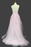 Pink A-line V Neck Spaghetti Straps Sweep Train Tulle Prom Dresses With Appliqued Beading