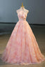 Pink Flower Long Princess Dress, Pink Strapless Formal Evening Dress
