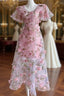 Pink Flowers Lace Short Sleeves Party Dresses, Pink 3D Flowers Party Dresses