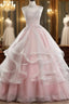 Pink High Neck Tulle Lace Long Formal Prom Dresses, Pink Sweet 16 Gown