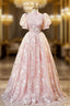 Pink High Neckline Short Sleeves Lace Floral Long Party Dresses, Pink Sweet 16 Dresses