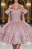 Pink Lace Homecoming Gown with Beading,Princess Off the Shoulder Hoco Dresses