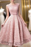 Pink Lace Tea Length Formal Dresses, Beautiful Pink Formal Prom Dresses, Lovely Party Dresses