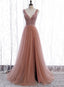 Pink Long Sparkle Beaded Tulle Slit Formal Prom Dresses,Pink V-Neckline Formal Evening Gown