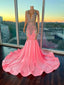 Pink Gorgeous Exquisite Beaded Elegant Stunning Mermaid Long Satin Floor Length Train Formal Prom Dresses Formal Evening Gown Party Dresses