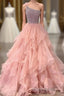 Pink Formal Prom Dress A Line One Shoulder Long Party Evening Dress with Beading Ruffles