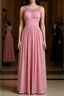 Pink round neck tulle lace long Formal Prom dress, pink lace bridesmaid dress