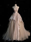 Pink Satin And Tulle Scoop Long Party Dresses, Pink A-Line Flowers Formal Prom Dresses