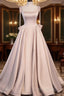 Pink Satin Long A-Line Formal Prom Dresses, Pink Spaghetti Straps Party Dresses With Bow