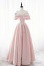 Pink Satin Long Prom Dress, Cute Off Shoulder Evening Dress