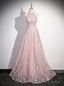 Pink Sequins Halter Backless Beading Prom Dress