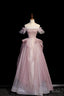 Pink Sequins Long A-Line Prom Dress, Off the Shoulder Evening Party Dress