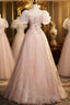 Pink Short Sleeves Tulle Sequins Long Party Dresses, Pink Tulle Formal Prom Dresses