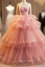 Pink Strapless Tulle Layers Ruffles Long Formal Prom Evening Dresses, Pink Sweet 16 Dresses