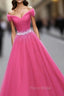 Pink Sweetheart Beaded Tulle Off Shoulder Long Formal Prom Dresses, Pink Formal Dresses