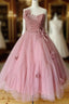 Pink Sweetheart Tulle Tea Length Formal Prom Dresses Bridesmaid Dresses