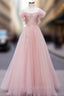 Pink Tulle Lace Beads Long Formal Prom Dresses, Pink A Line Evening Dresses